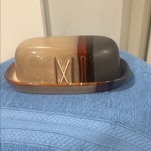 Better Homes & Garden GlazedCeramic Brown and Tan Butter Dish with Accent Stripe